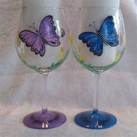 Blue And Purple Butterflies Hand Painted Wine Glasses Etsy Hand Painted Wine Glasses