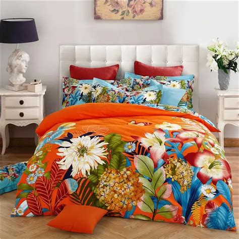 Bright Colored Flowers Orange Pink Bedding Set Queen King Size Bed