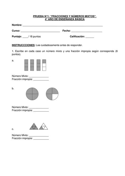 PRUEBA FRACCIONES Y NUMEROS MIXTOS CUARTO BASICO UNIDAD 3 CON