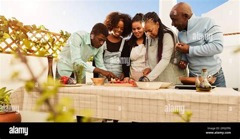 Happy african family cooking together during summer time at home patio ...