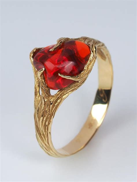 Fire Opal Gold Ring Red Gemstone 18k Yellow Gold Modern Engagement