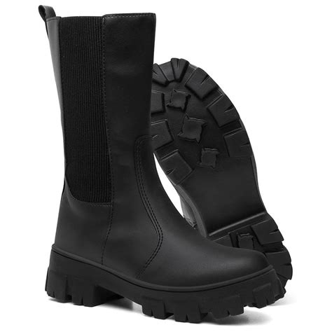 Bota Tratorada Feminina Salto Baixo - Bota Feminina Tratorada Salto Baixo Cano Médio Chelsea Preto