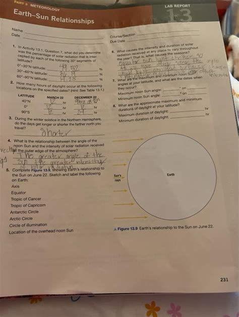 Solved Parts Meteorology Lab Report Earth Sun Relationships Chegg