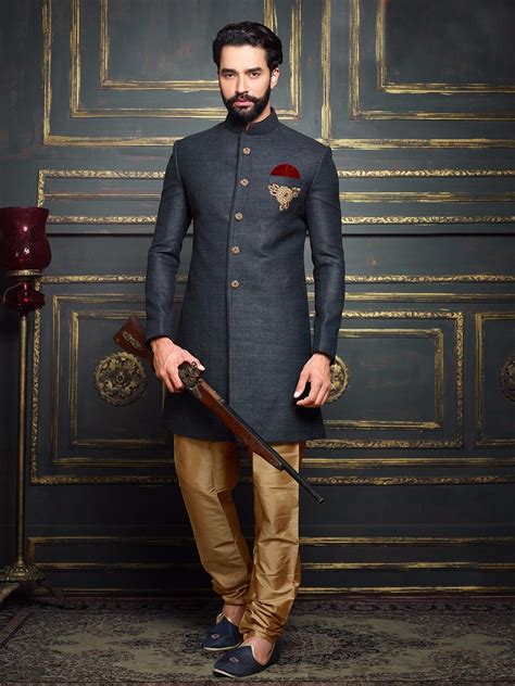 Dark Grey Terry Rayon Solid Jodhpuri Sherwani Wedding Outfit Men