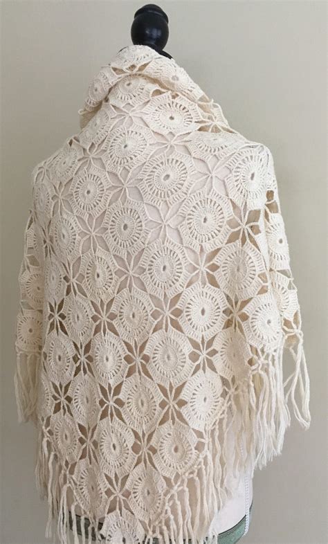 70s Crochet Fringe Shawl Natural White Wrap Vintage Hand Knit Peasant Hippie Boho Bohemian