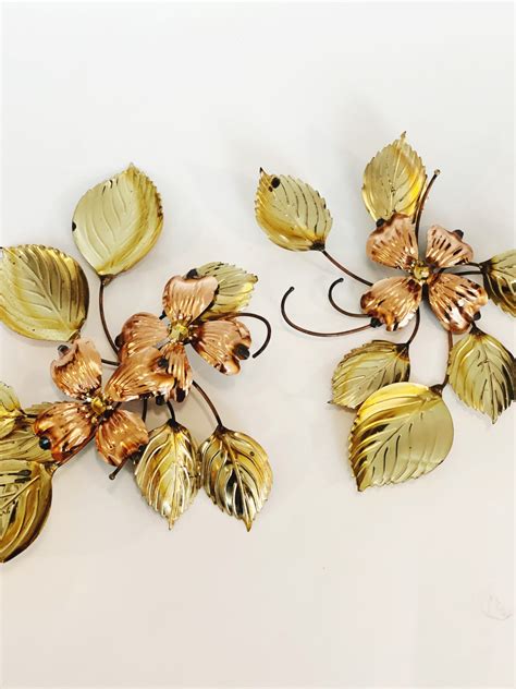 Pair of Gold Metal Leaf Wall Décor Mid Century Wall Décor Tin Leaves ...