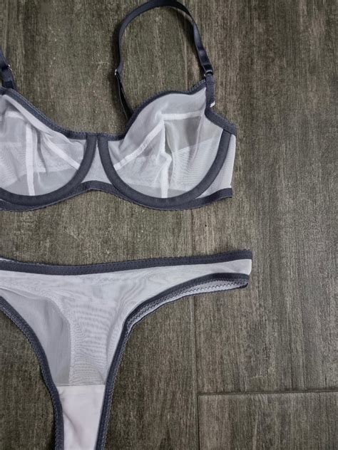 White Mesh Lingerie Set With Gray Rubber Bands Custom Underwear High