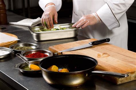 Cooking Food The Hands Of The Chef Make A Salad Stock Image Image Of