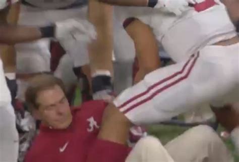 Nick Saban Gets Run Over By Jalen Hurts On Sideline