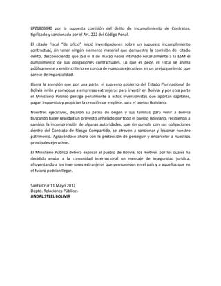 Comunicado De Prensa Jindal Bolivia 11 De Mayo PDF