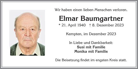 Traueranzeigen von Elmar Baumgartner Allgäuer Zeitung