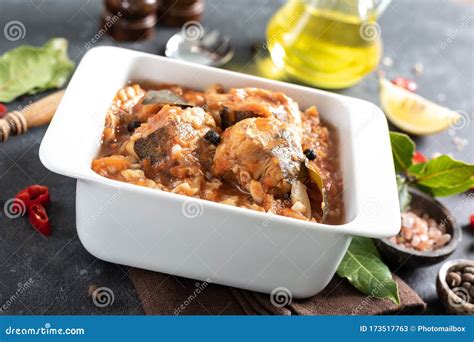 Hake Fish, Cooked in Tomato Sauce with Vegetables and Spices Stock Image - Image of gourmet ...