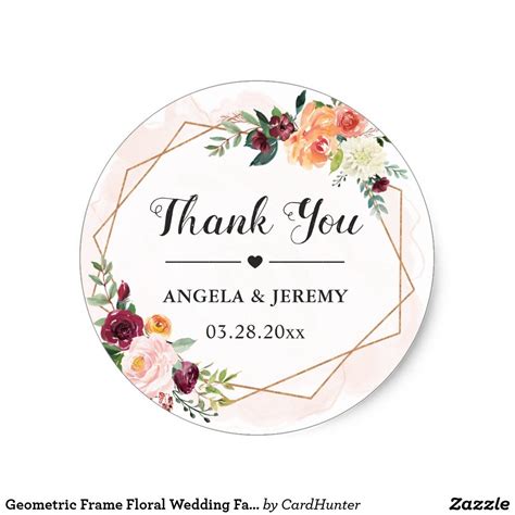 Geometric Frame Floral Wedding Favor Thank You Classic Round Sticker Zazzle Floral Wedding