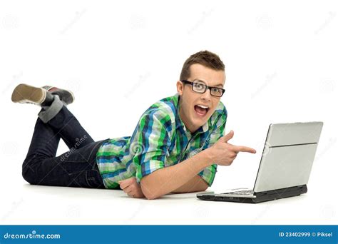 Man Pointing At The Screen Of A Laptop Stock Image Image Of Showing