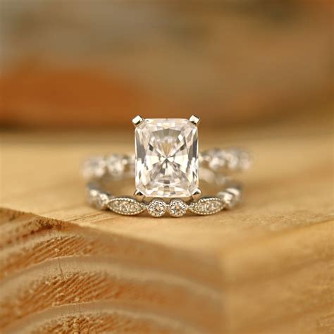 325ct Vintage Radiant Cut Diamond Engagement Ring Set Bridal Ring Set