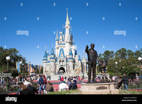 Walt Disney And Mickey Mouse Partners Statue And Cinderella Castle