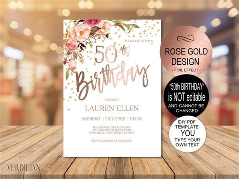 Diy 50th Birthday Invitation Template Blush Gold Floral Birthday Party