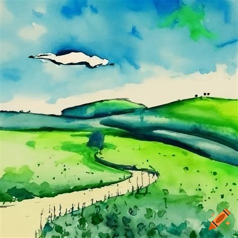 Watercolor Painting Of A Path Through Green Rolling Hills On Craiyon