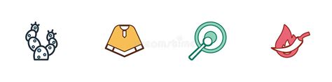 Set Cactus Poncho Gong And Hot Chili Pepper Pod Icon Vector Stock Vector Illustration Of