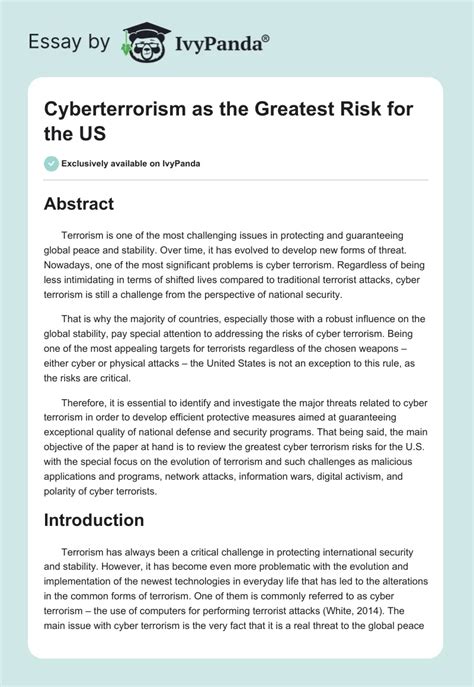 Cyberterrorism As The Greatest Risk For The Us Words Research