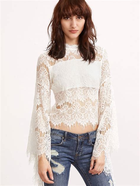 Oversized Bell Sleeve Sheer Floral Lace Top Sheinsheinside