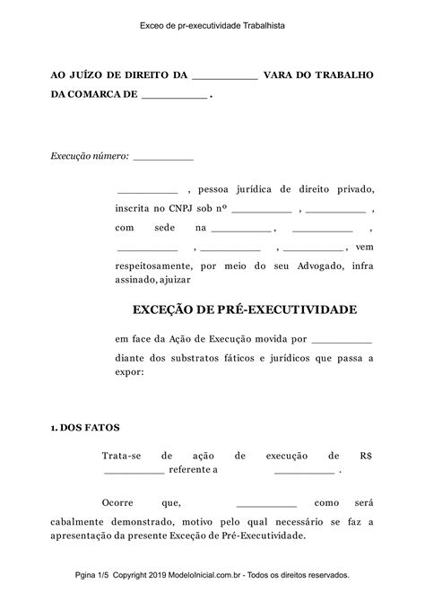 Modelo Exceção de pré executividade Trabalhista