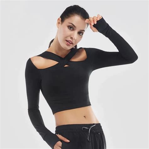 Sexy Cross Women Yoga Shirts Long Sleeve Padded Gym Shirts Fitness