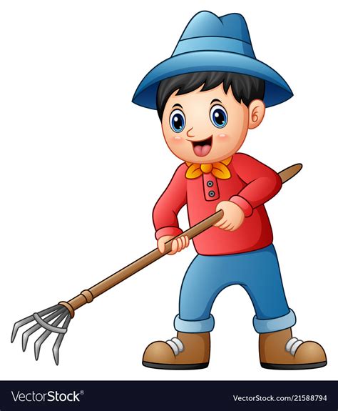 Cartoon little farmer holding a pitchfork Vector Image