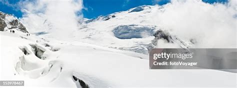 Mountaineers Crossing Crevasses Snow White Glacier Pass Winter