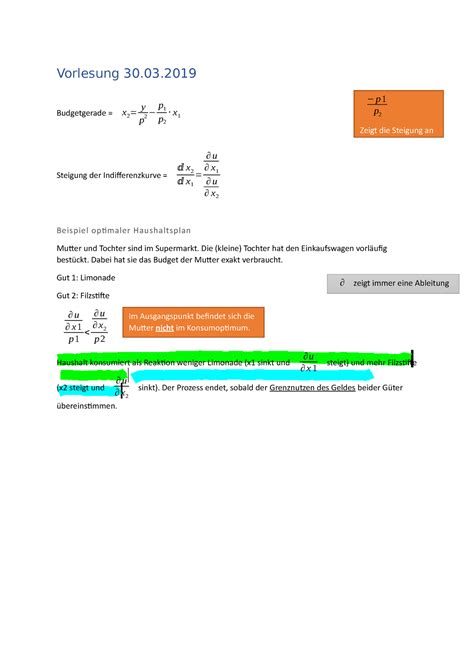 Mitschrift Vorlesungsnotizen Budgetgerade X Y P P