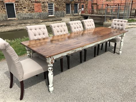 Farmhouse Dining Table With White Distressed Legs And Stained Pine Top