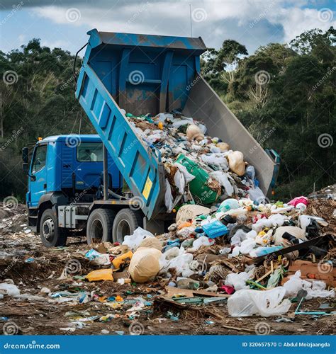 Large Dump Truck Dumping Mixed Waste on Rural Landfill, Highlighting