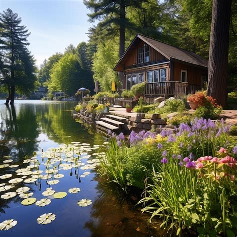 Premium Photo A Serene Lakeside Cabin Surrounded By Lush Greenery