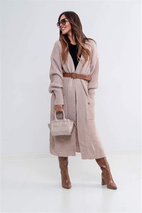 Sweter długi Kardigan ISSA Nude SWETRY KARDIGANY UBRANIA SWETRY SWETRY SWETRY SWETRY