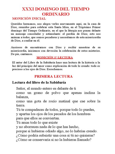 Lecturas Y MoniciÓn 30 De Octubre Xxxi Domingo Del Tiempo Ordinario Del