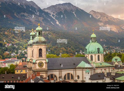 Aerial View Of Innsbruck City Cathedral At Autumn The Capital Of Tyrol