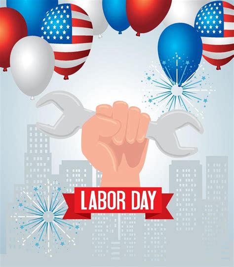 Happy Labor Day Holiday Banner And Hand With Wrench Tool And Cityscape 17450303 Vector Art At