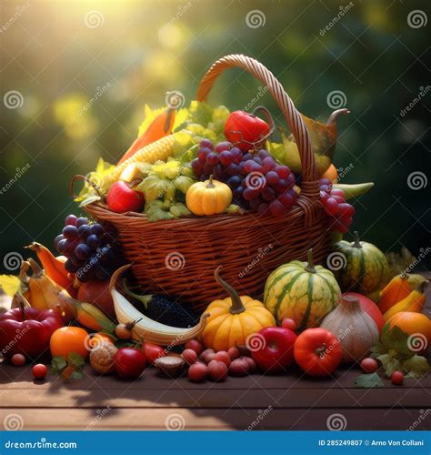 Abundant Thanksgiving Harvest Fruits And Vegetables Basket Stock