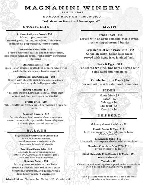 Magnanini Winery, Restaurant & Distillery menu in Wallkill, New York, USA