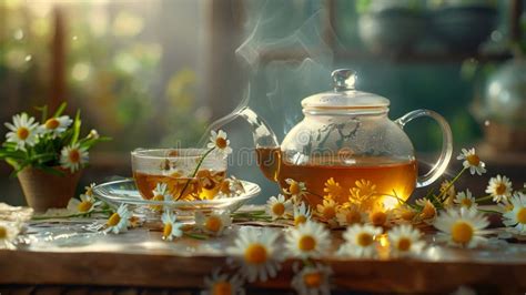Transparent Teapot And Cup With Hot Chamomile Tea On A Wood Table Surrounded With Chamomile