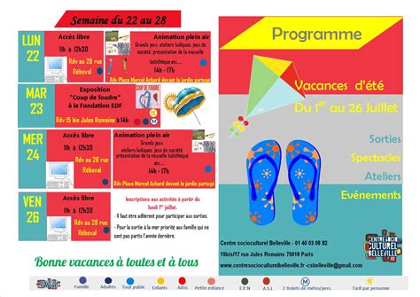 Programme Des Vacances De Juillet Centre Socioculturel Belleville