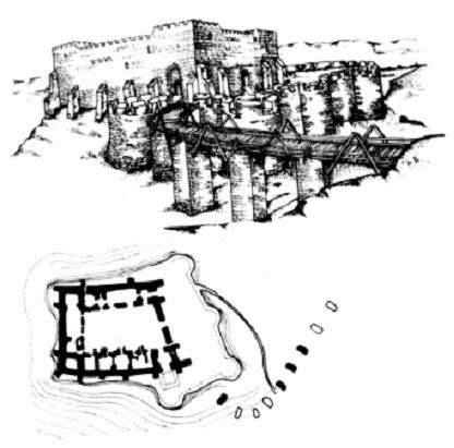 An Old Drawing Of A Castle And A Small Building In The Middle Of It