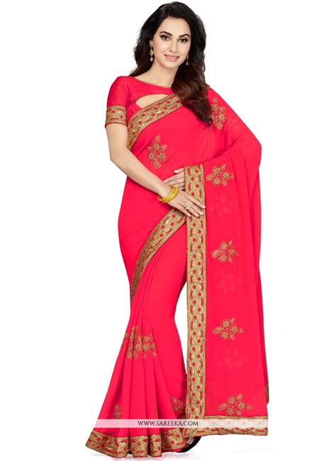 Buy Hot Pink Embroidered Work Classic Saree Online USA