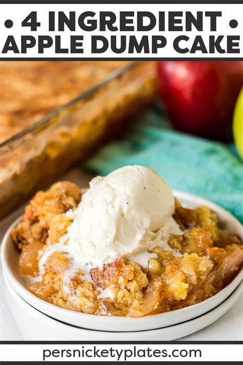 An Apple Dump Cake In A White Bowl With Ice Cream On Top And Apples In