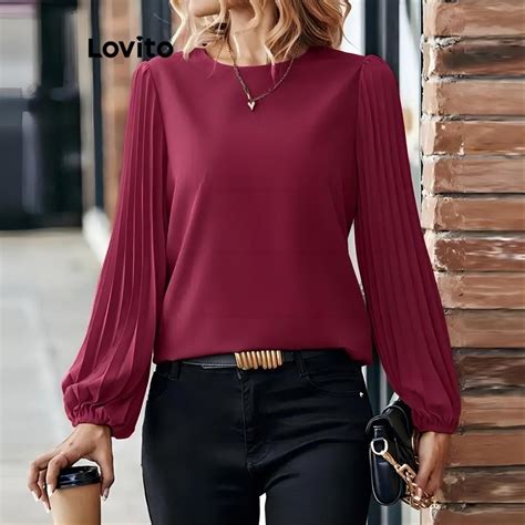 Lovito Blusa Casual Costura Em Tecido Liso Para Mulheres Lnl