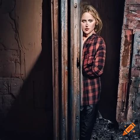 Blonde Actress In Country Plaid Shirt And High Waist Black Leather Trousers Peeking Through