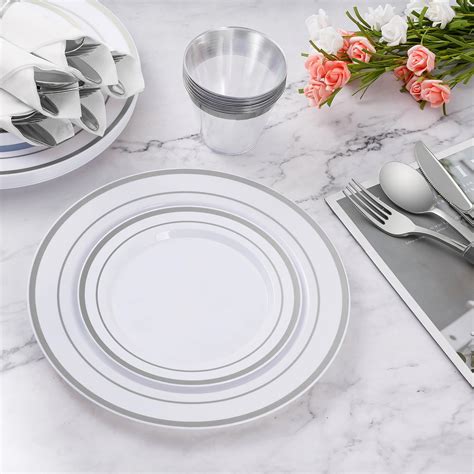 Goodluck 350 Piece Silver Plastic Dinnerware Set For 50 Guests Fancy