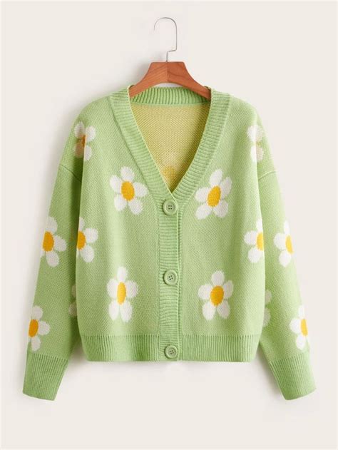 Flower Pattern Drop Shoulder Cardigan Shein Usa Cardigan Floral