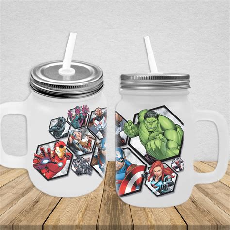 Caneca Mason Jar Personalizada Marvel Vingadores Tampa E Canudo