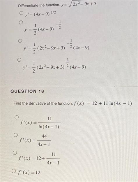 Solved Differentiate The Function Y 2x2−9x 3